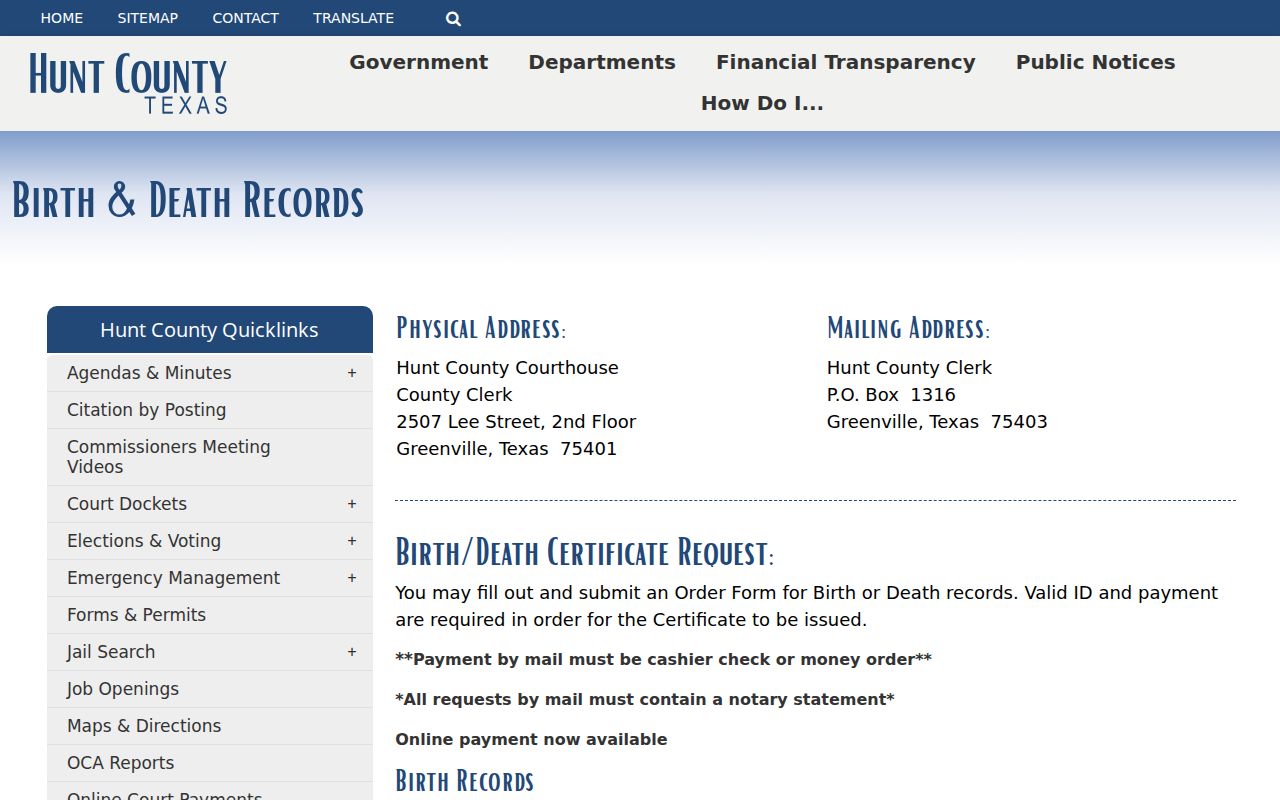Greenville resident lookup Hunt County vital records page