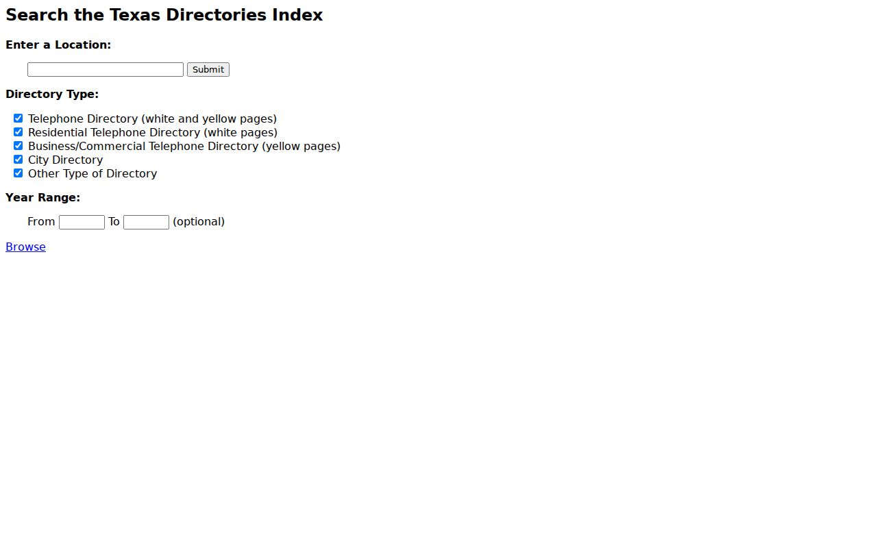 Greenville city directory search controls in the UT directories index
